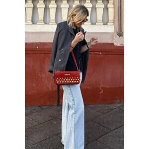 DKNY Red Saffiano Leather Studded Crossbody Clutch, Gold Hardware & Charm NWOT